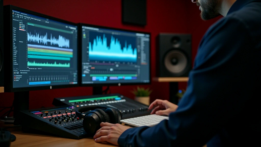 Recording studio with a microphone, mixing desk and audio displays