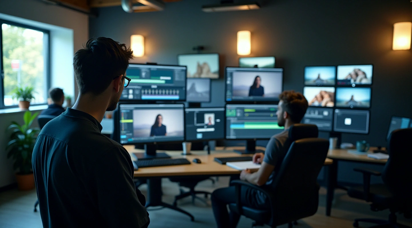 Video editing studio with multiple displays and editing equipment