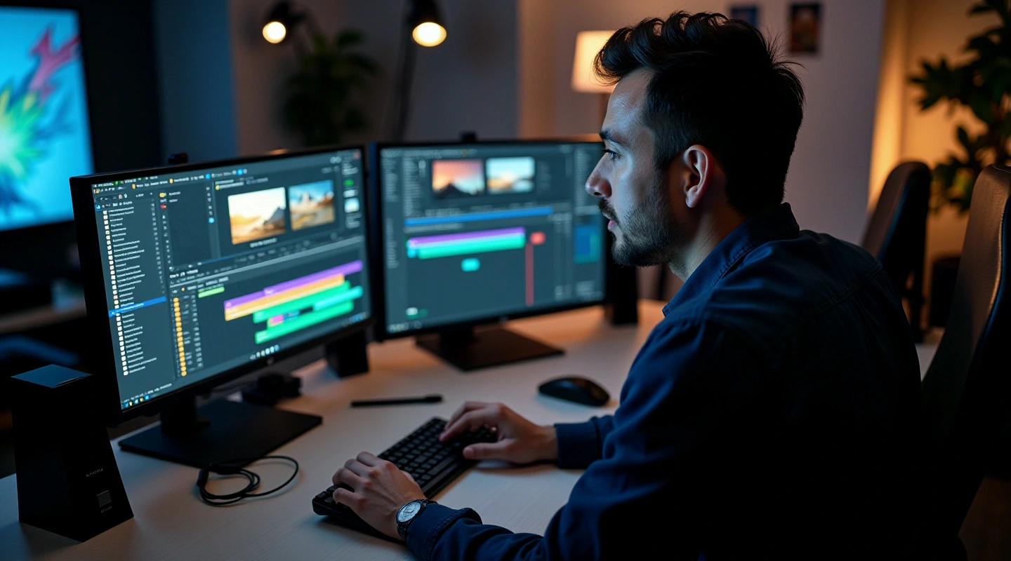 Video editing workspace with a timeline display and modern equipment