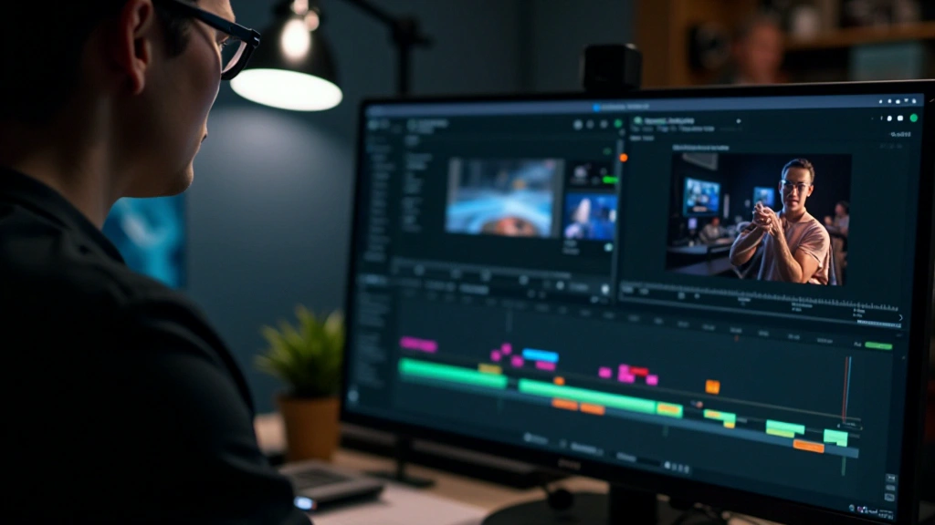 Editing display showing multiple timeline tracks and colour correction tools