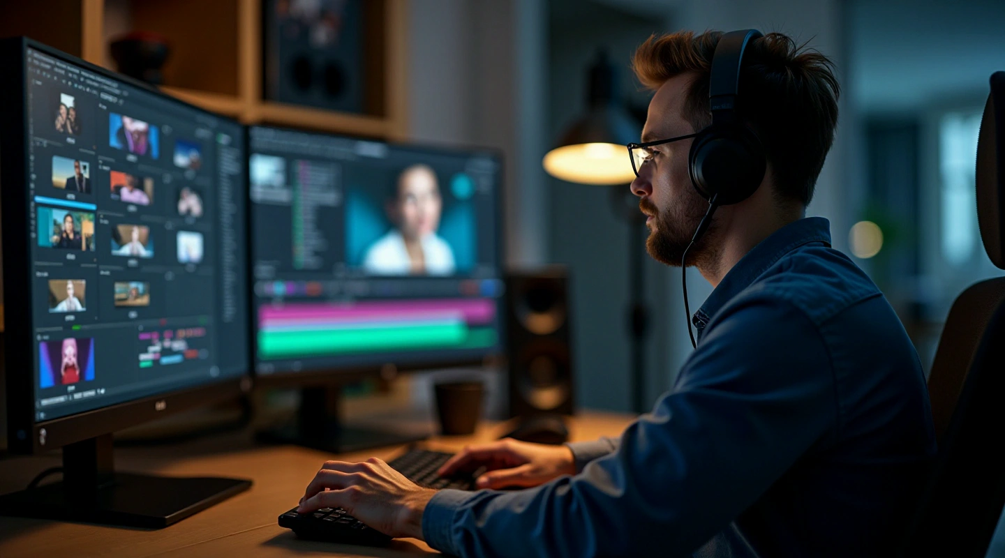 Computer display with a video editing timeline and audio tracks
