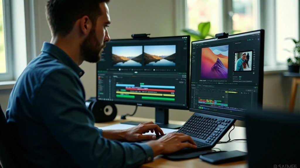 Editor using a laptop and two external monitors for the timeline and preview